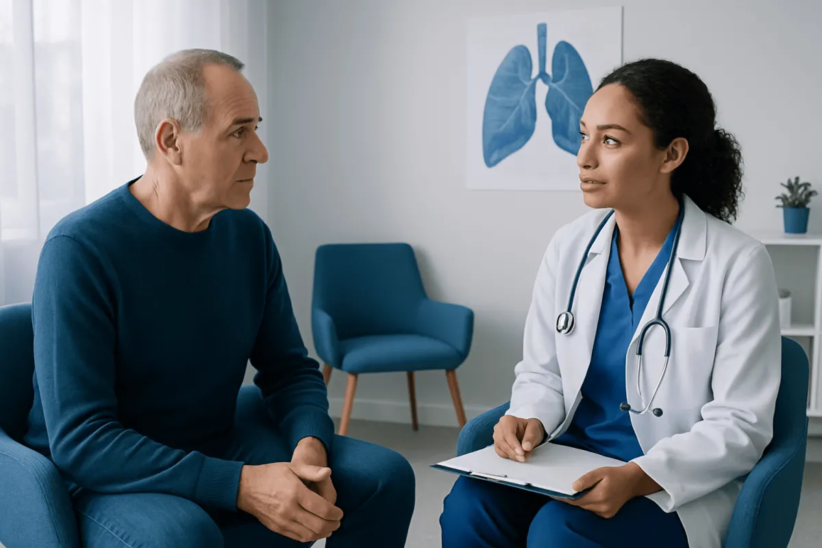 Doctor consulting with a patient in a medical office with lung diagram.