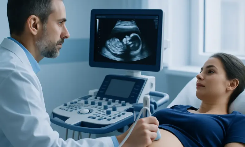 Doctor performing ultrasound on pregnant woman in hospital setting.