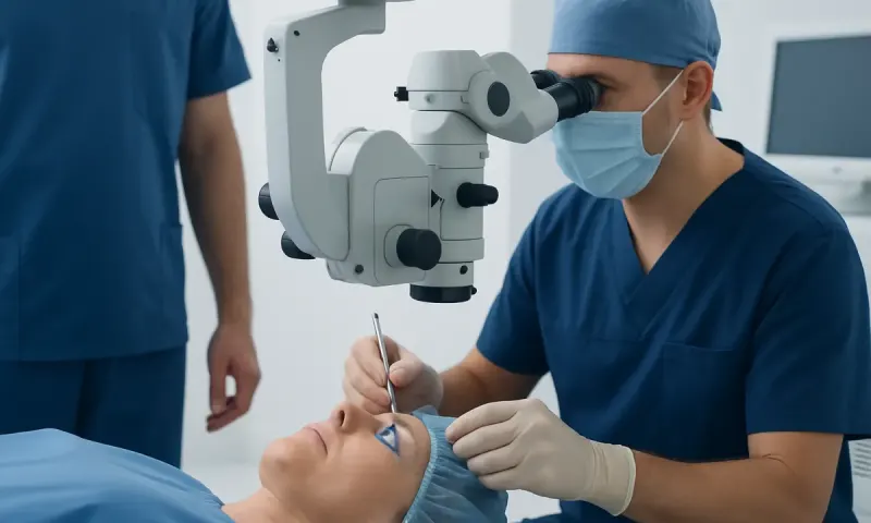 Surgeon performing eye surgery with a microscope during cataract procedure.