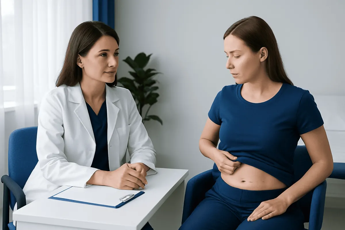 Doctor consulting with patient about tummy tuck scar after 3 years.