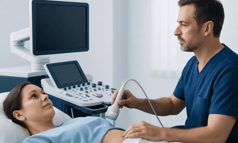 Doctor performing an ultrasound scan on a female patient in a hospital room.