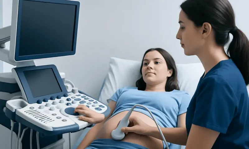 Medical professional performing an ultrasound on a young girl in a hospital room.