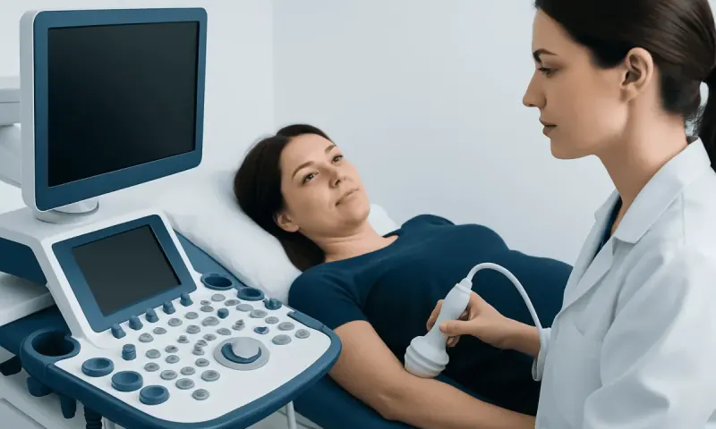 Medical professional performing an ultrasound scan on a patient in a hospital room.