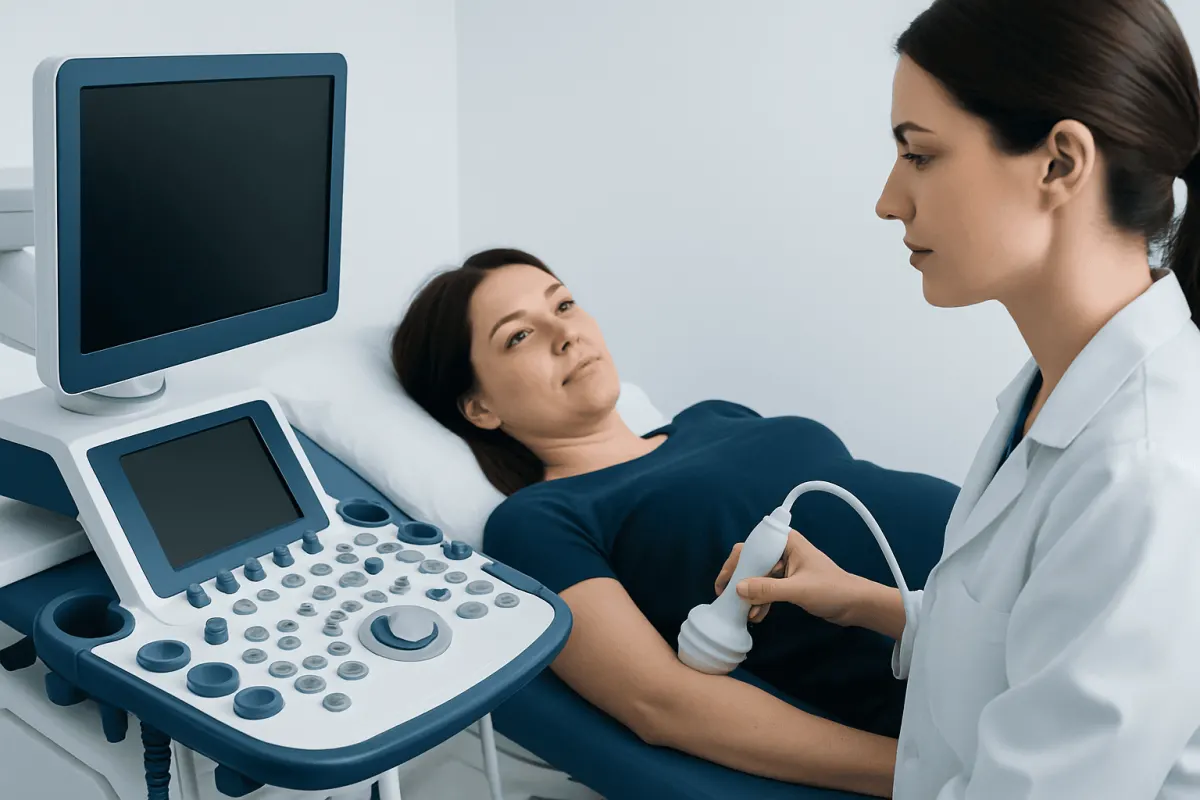 Medical professional performing an ultrasound scan on a patient in a hospital room.