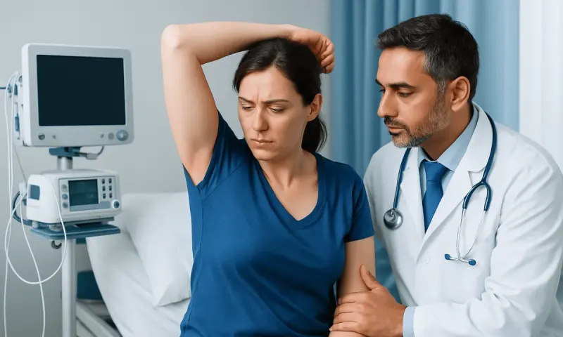 Doctor examining a woman with armpit discomfort in a hospital room.
