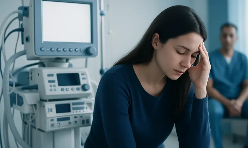 Young woman in hospital appears distressed, sitting near medical equipment.