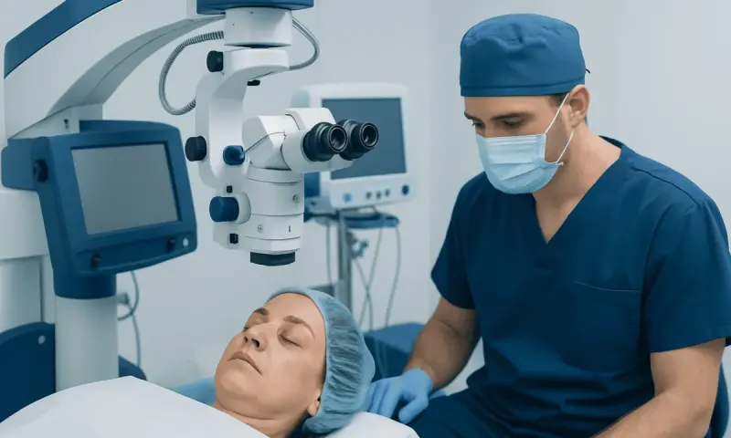 Ophthalmic surgeon performing eyelid surgery with advanced equipment.