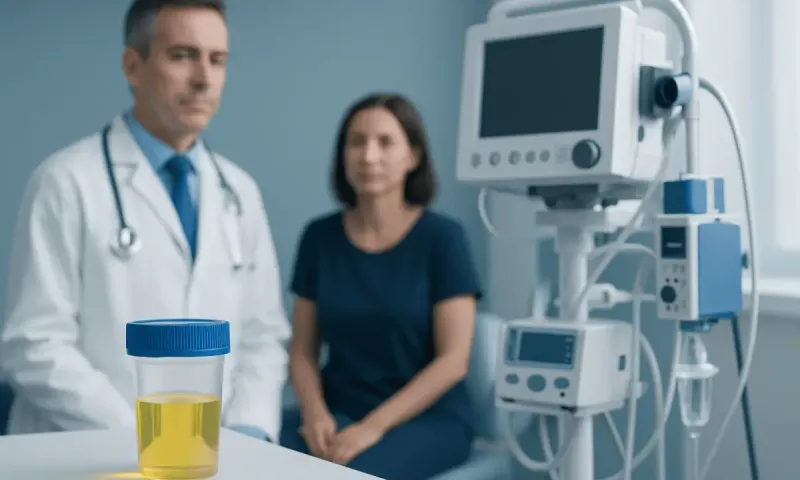 Doctor and patient in a medical examination room with urine sample and monitoring equipment.