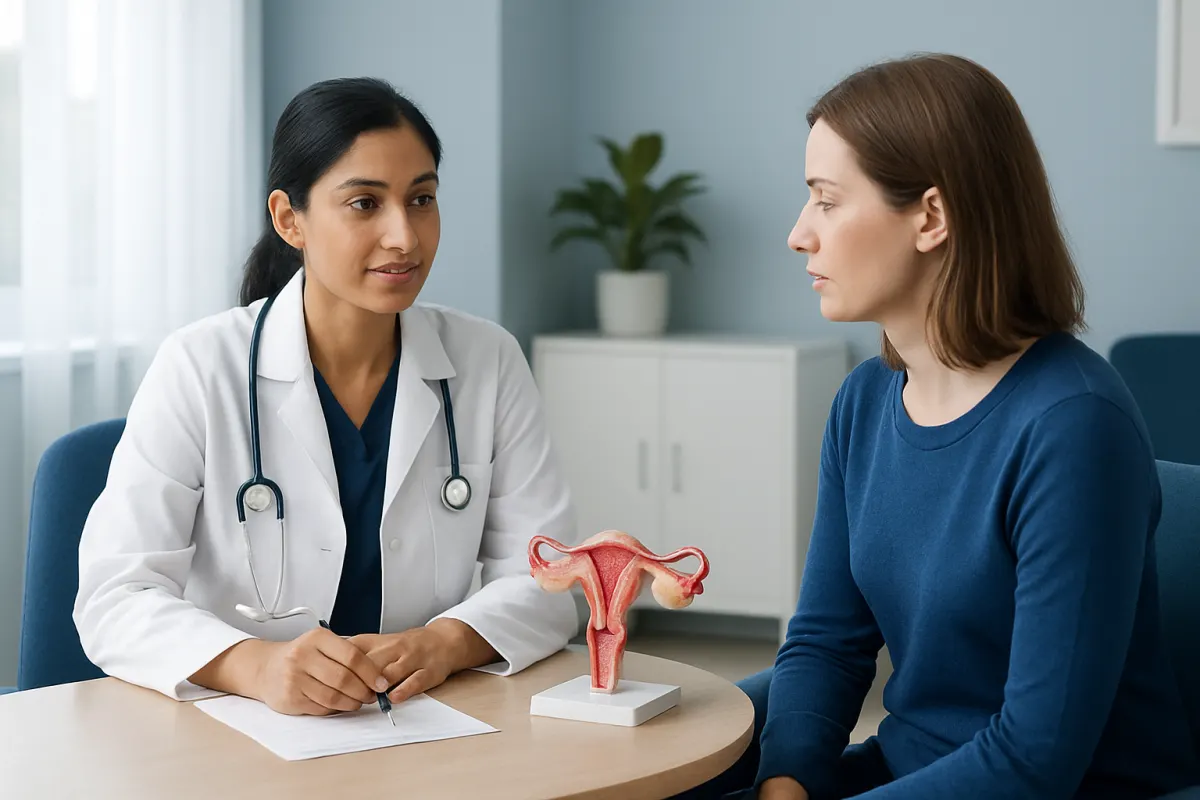 Doctor explaining uterine health to a patient with a model of the uterus.
