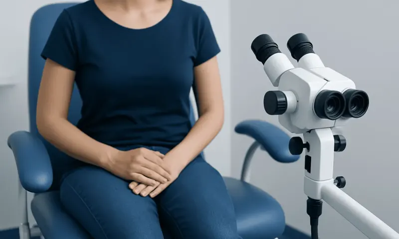Woman sitting on gynecological examination chair with microscope nearby.
