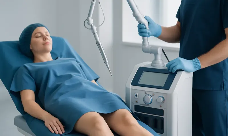 Woman undergoing non-invasive vaginal tightening procedure in a medical clinic.
