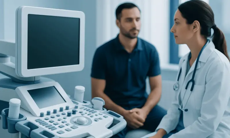 Doctor consulting with patient in a medical examination room.