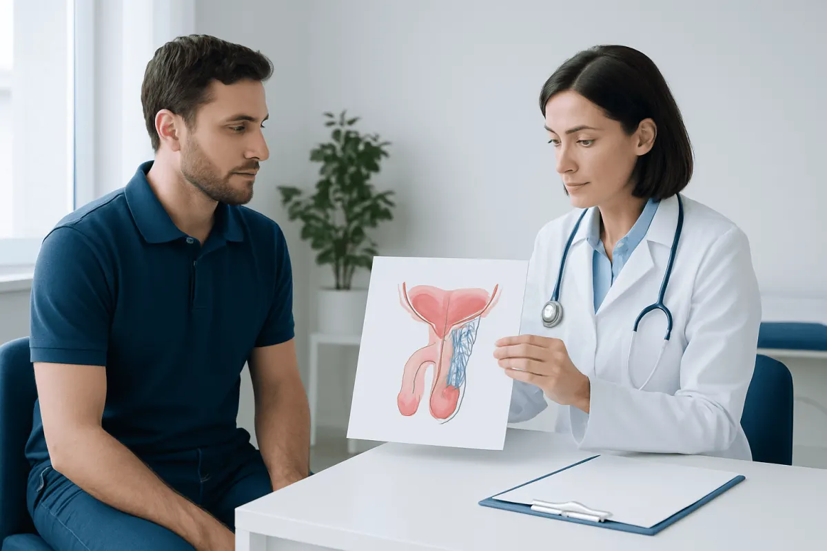Urologist explaining male reproductive system to patient with diagram.