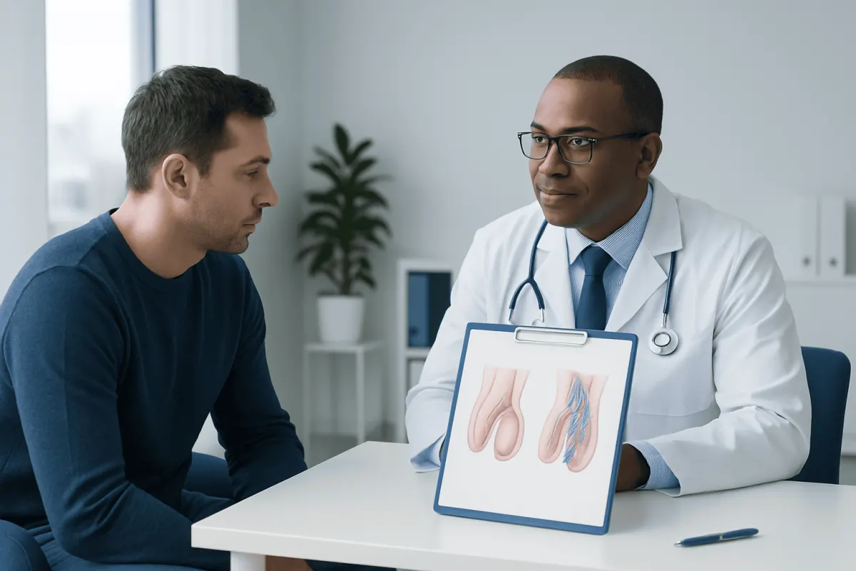 Urologist explaining varicocele treatment to patient with diagram.