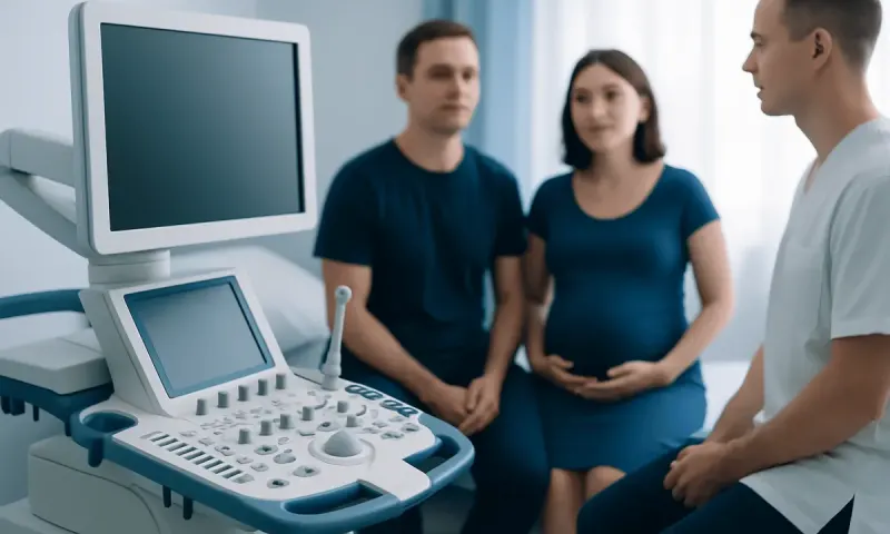 Doctor discussing ultrasound results with pregnant woman and partner in clinic.