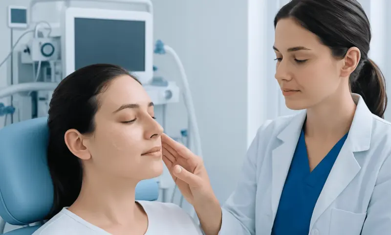 Medical professional examining a patient's face in a hospital setting.