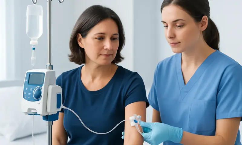 Nurse administering IV therapy to a patient in a hospital setting.