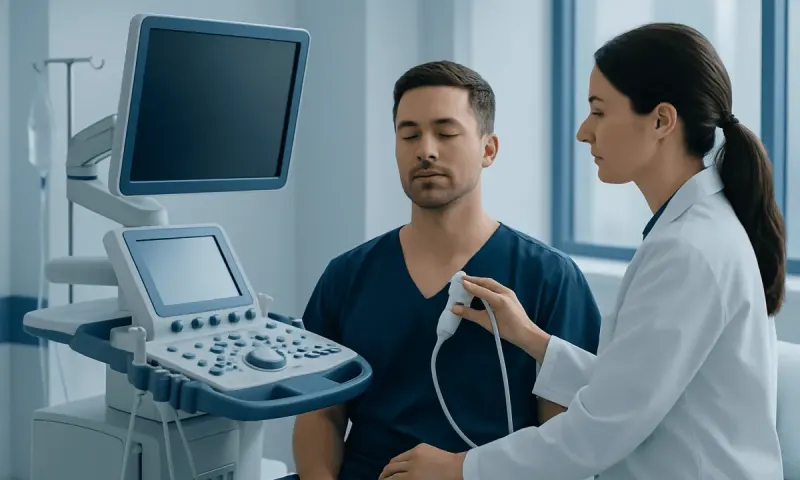 Doctor performing an ultrasound exam on a male patient in a medical clinic.