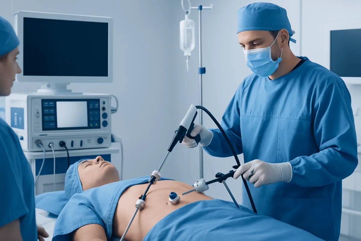 Surgeon performing VSG surgery in a modern hospital operating room.