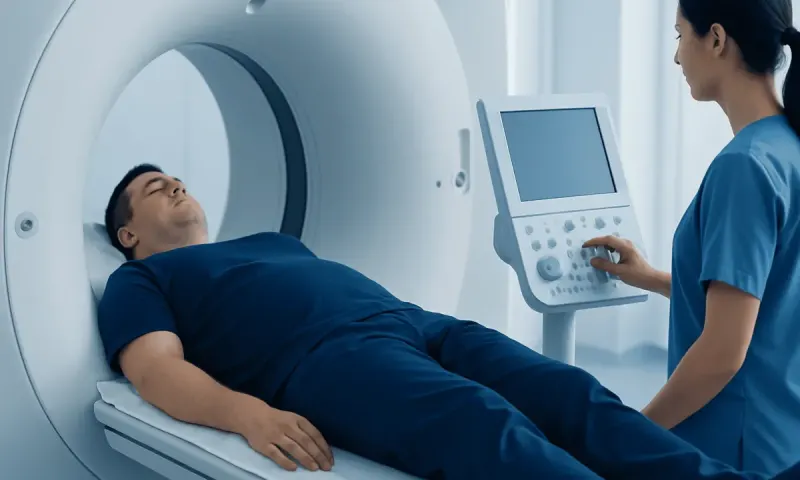 Patient undergoing a CT scan in a medical facility.