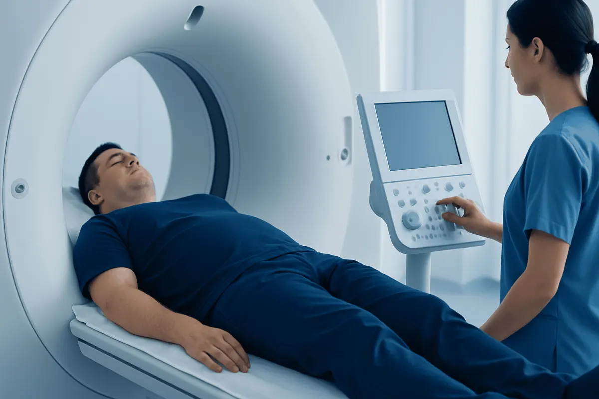 Patient undergoing a CT scan in a medical facility.