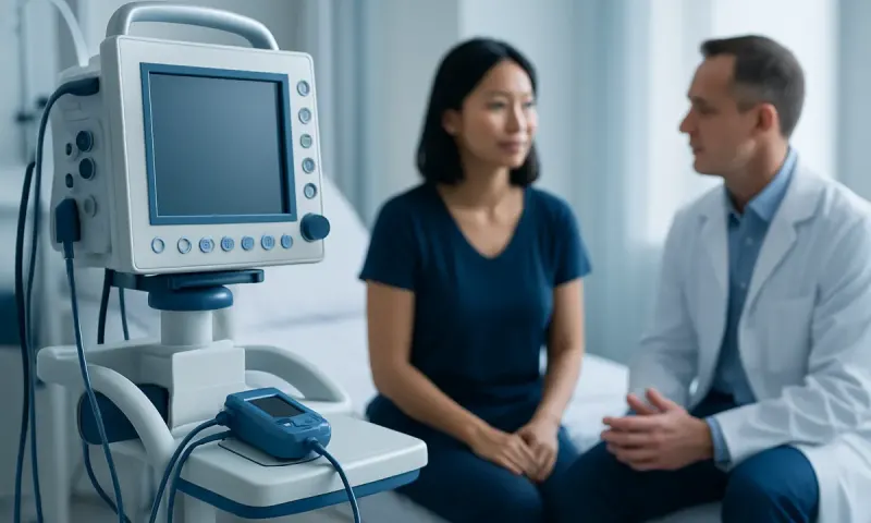 Doctor consulting patient in a hospital room with medical equipment nearby.