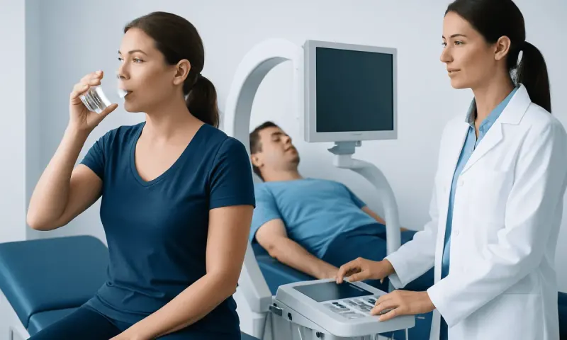 Woman drinking water during a medical examination at Acibadem Hospital.