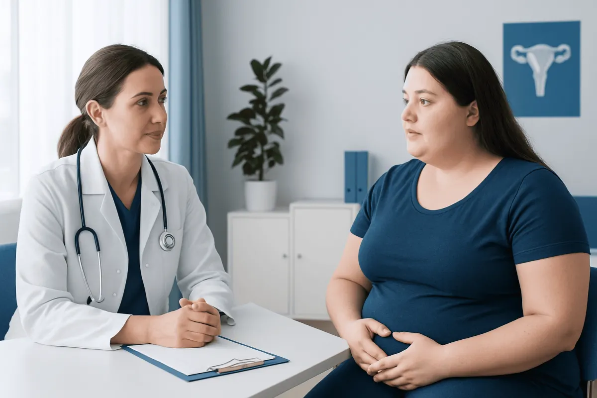 Doctor consulting with a woman patient in a medical office.
