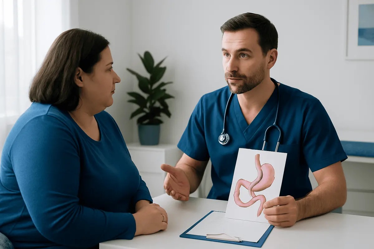 Doctor explaining stomach anatomy to a patient during consultation.