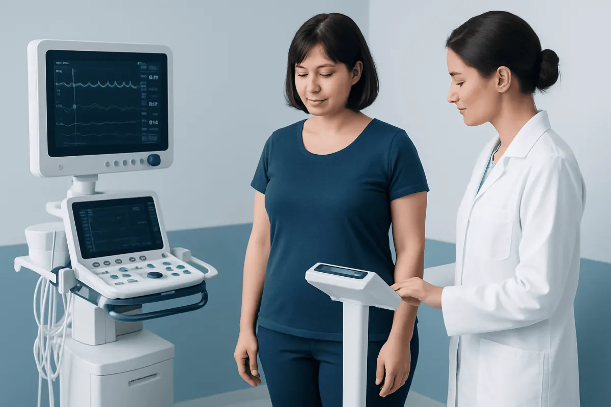 Medical professional and patient using health monitoring devices in clinic.