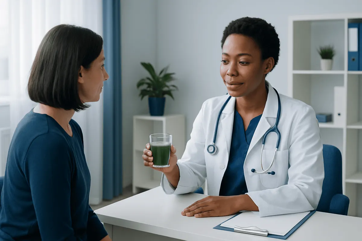 Doctor explaining health benefits of wheatgrass to patient in clinic.