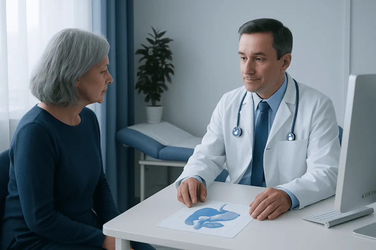 Doctor consulting with an elderly female patient in a hospital setting.