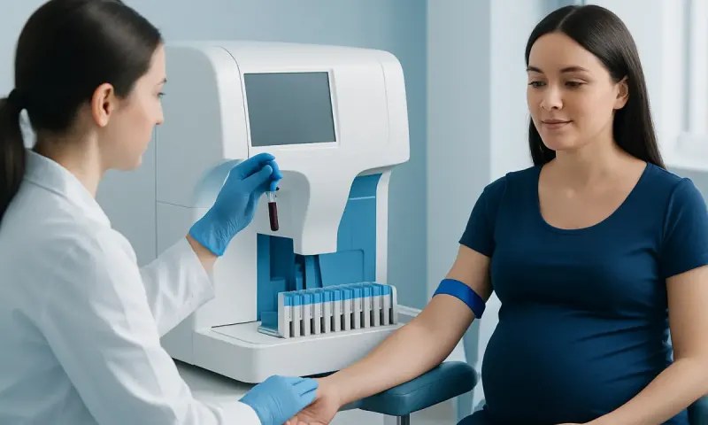 Medical professional drawing blood from a pregnant woman in a clinical setting.
