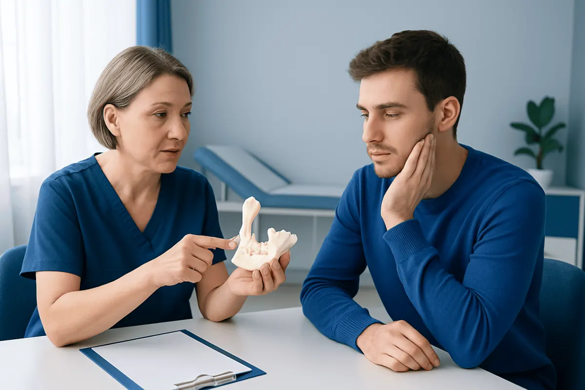 Dentist explaining wisdom tooth extraction to patient in consultation room.