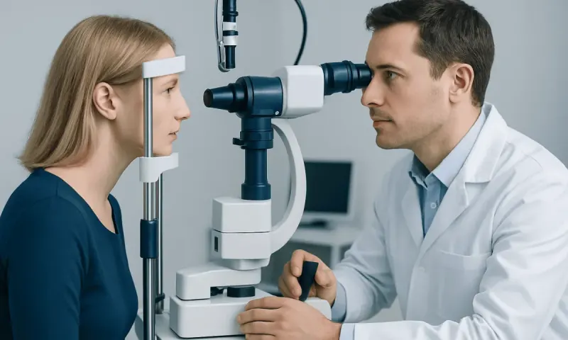 Ophthalmologist performing eye examination with slit lamp microscope.