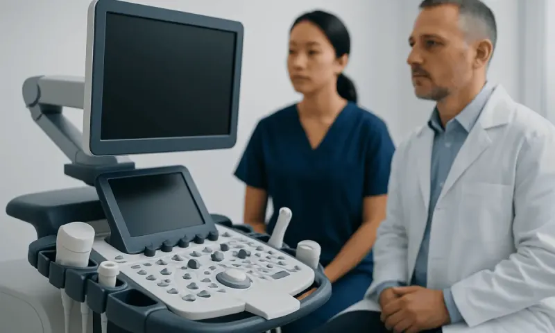 Medical professionals using ultrasound equipment in a clinical setting.