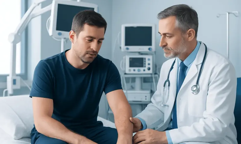 Doctor examining patient's arm in a hospital setting.