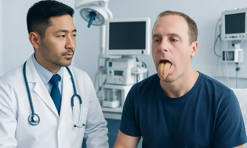 Doctor examining a patient with a tongue disorder in a medical clinic.