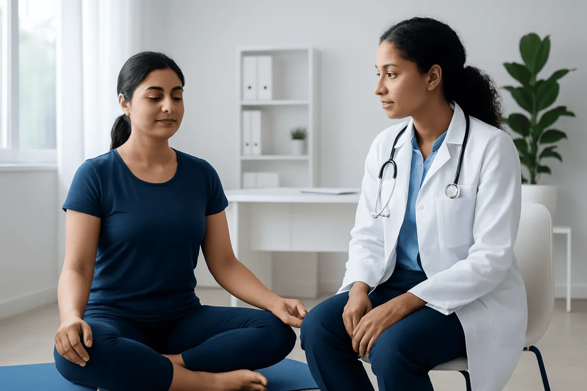 Doctor and patient practicing meditation in a clinical setting.