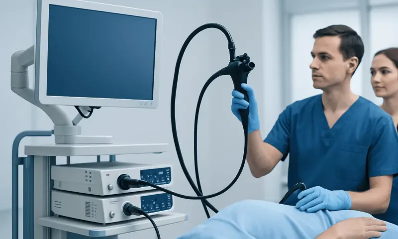 Doctor performing endoscopy procedure in hospital setting.