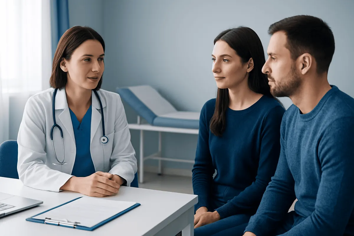 Doctor consulting with a couple in a medical office setting.