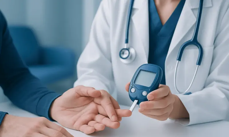 Doctor checking blood sugar levels with a glucometer at clinic.