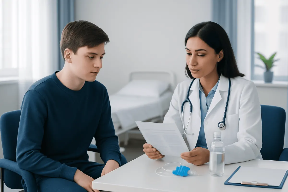Doctor consulting with a young male patient in a hospital setting.