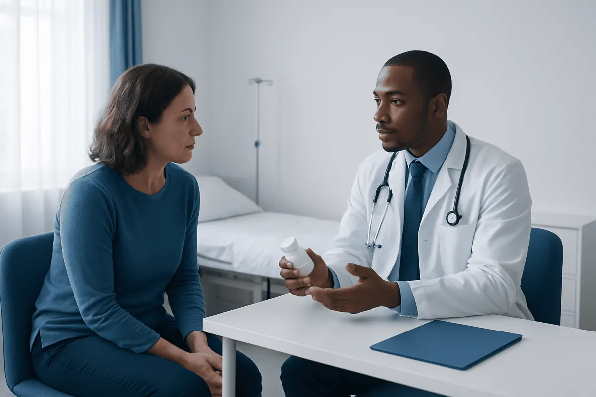 Doctor consulting with female patient in a hospital room.