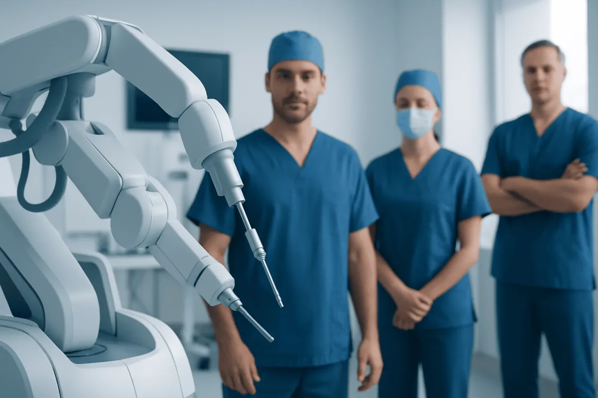 Medical team with robotic surgical equipment in a hospital setting.