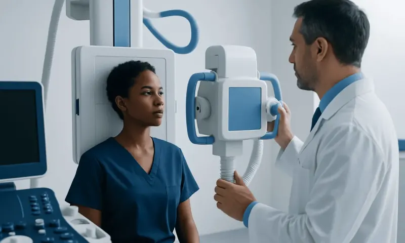 Doctor performing a lung scan on a patient in a medical facility.