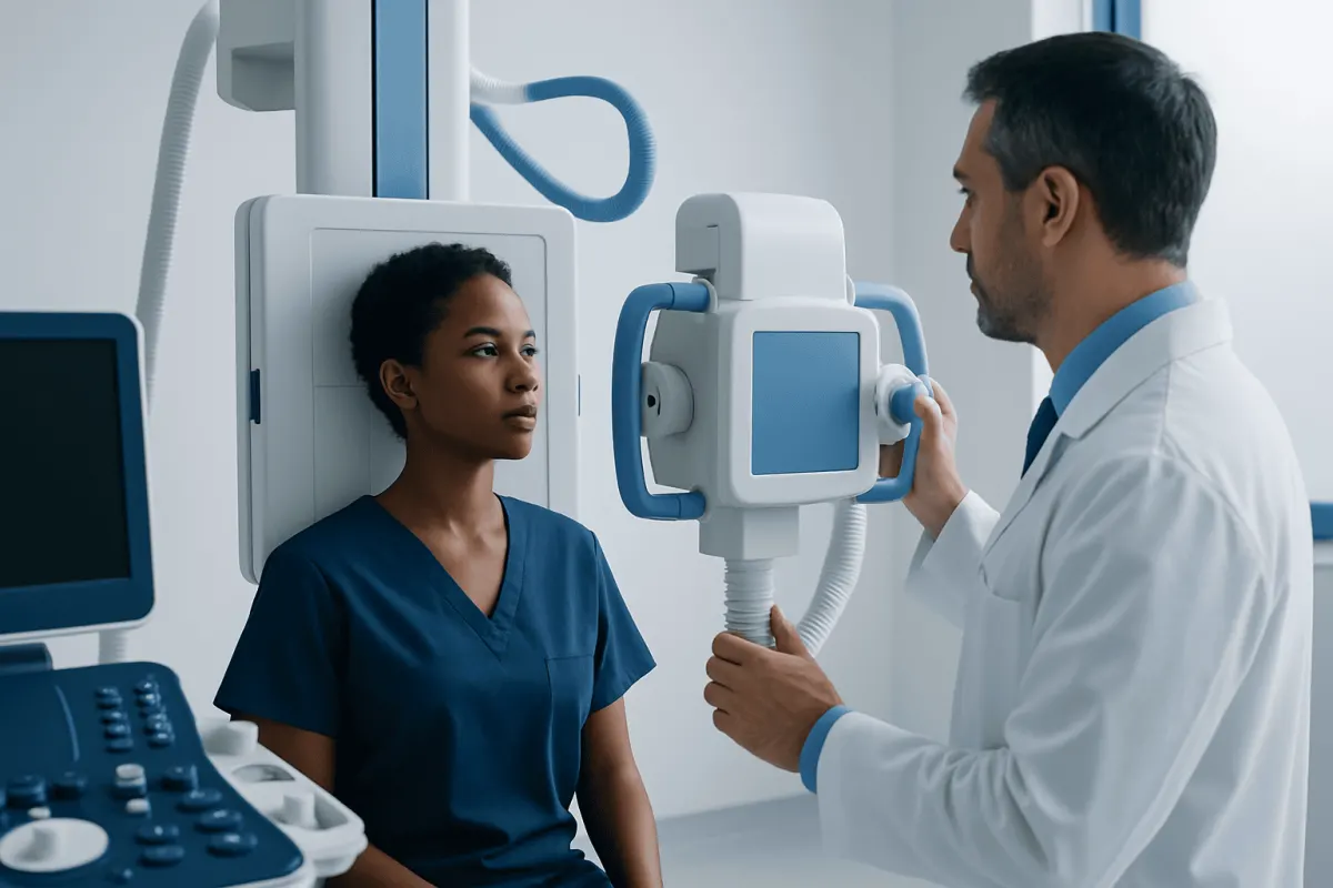 Doctor performing a lung scan on a patient in a medical facility.