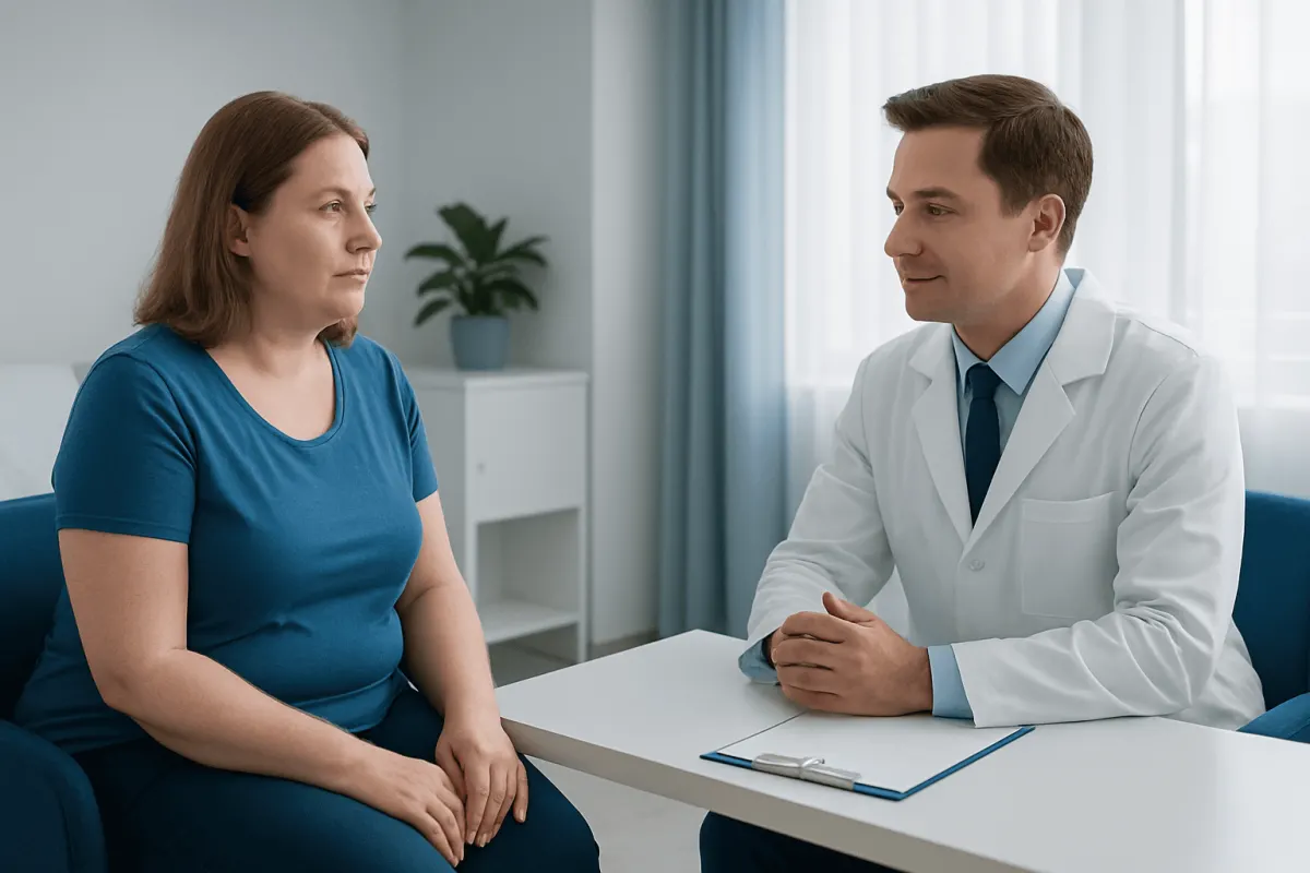 Doctor consulting with a female patient in a medical office setting.