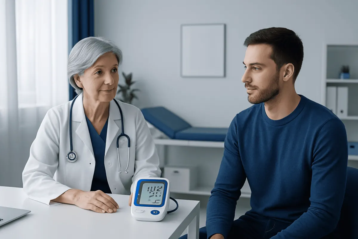 Doctor discussing blood pressure with patient in clinic setting.