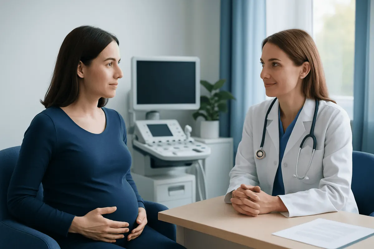 Pregnant woman consulting with a doctor in a medical office.